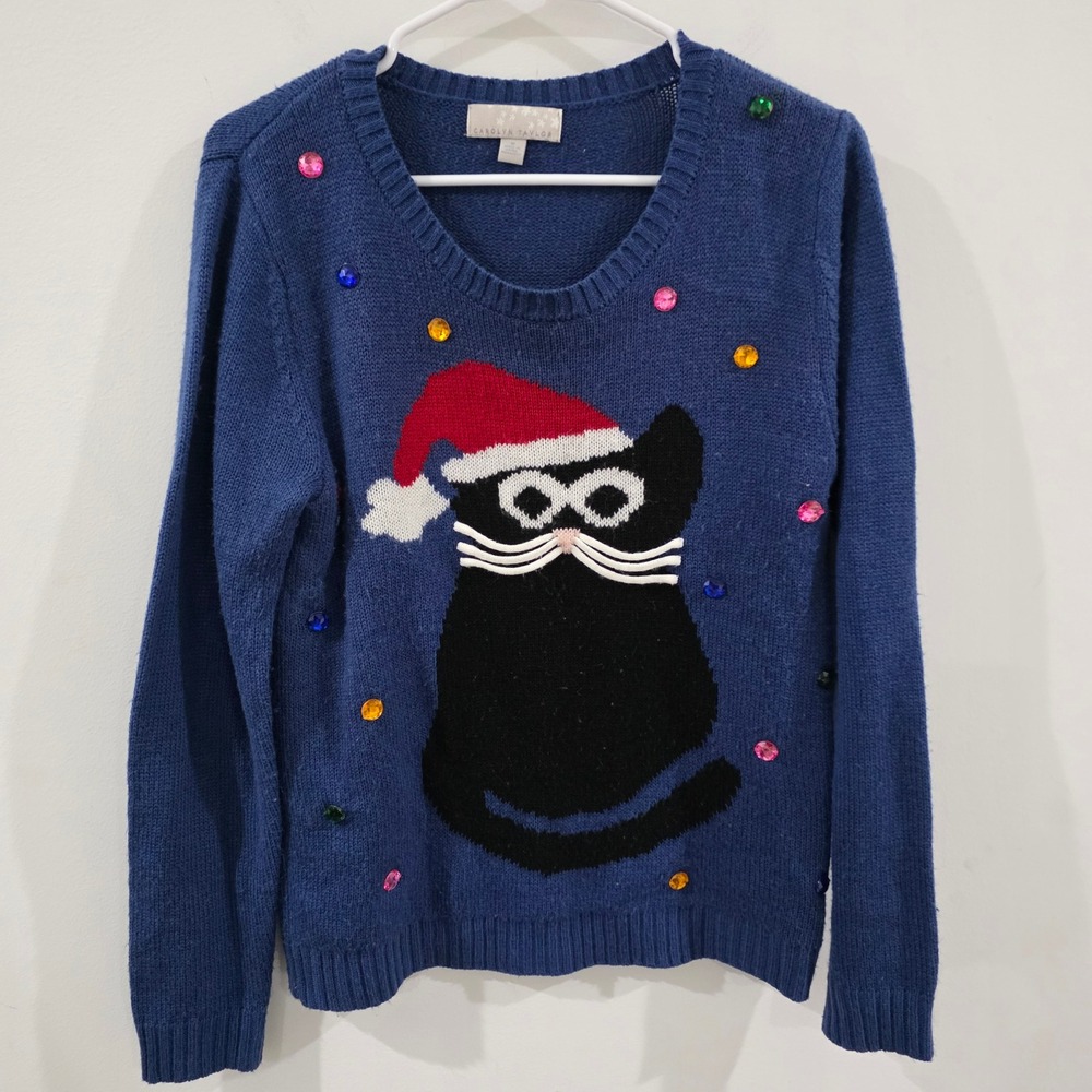 Womens Cat Ugly Christmas Sweater Size Medium Blue Santa Rhinestone Holiday